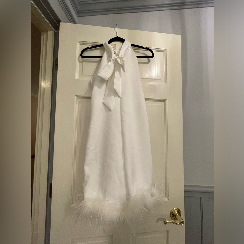 Tie front white feather trim dress